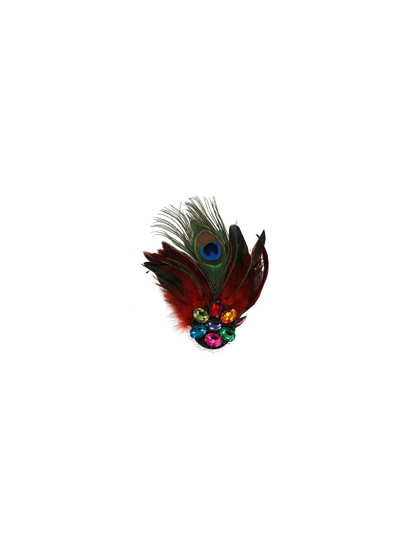 Broche plumes de paon avec pierres rouge