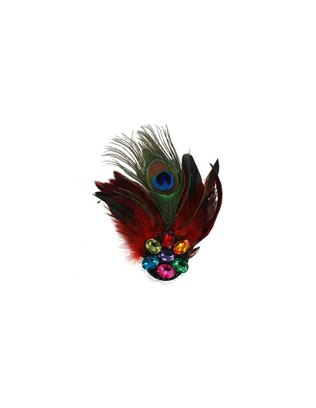 Broche plumes de paon avec pierres rouge