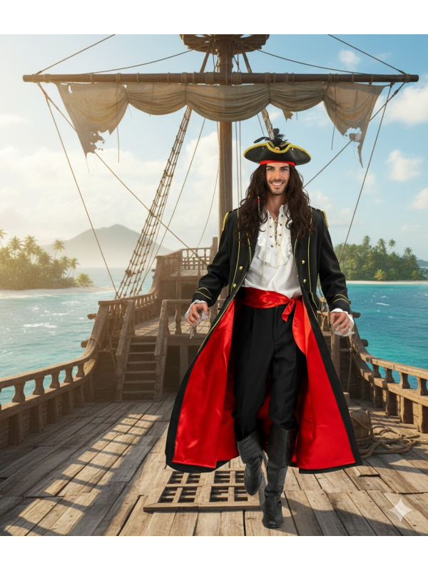 Manteau de pirate homme – Qualité luxe, doublé satin rouge (M à XL)