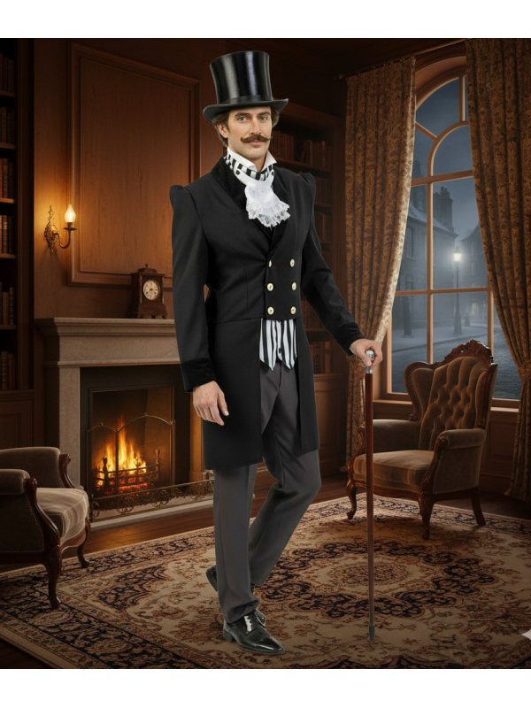 Costume Gentleman Victorien Homme – Queue de Pie, Jabot et Pantalon Style Charles Dickens
