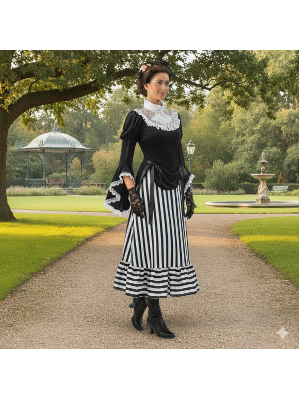Costume Dame Victorienne – Robe Noire et Blanche à Rayures Style Charles Dickens