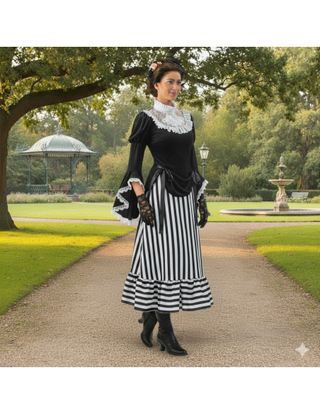 Costume Dame Victorienne – Robe Noire et Blanche à Rayures Style Charles Dickens