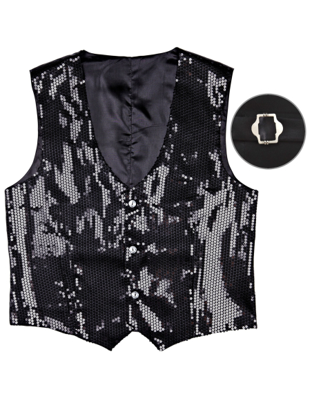 Gilet à paillettes noir homme – Dos satiné réglable (M à XL)