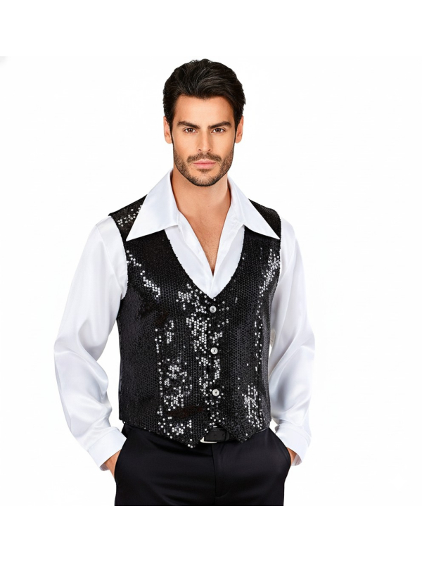 Gilet à paillettes noir homme – Dos satiné réglable (M à XL)