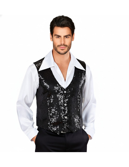 Gilet à paillettes noir homme – Dos satiné réglable (M à XL)