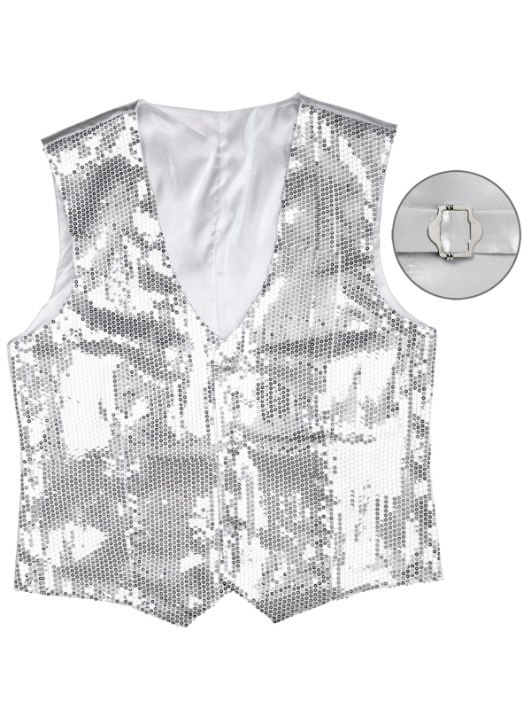 Gilet à paillettes argenté homme – Dos satiné réglable (M à XL)