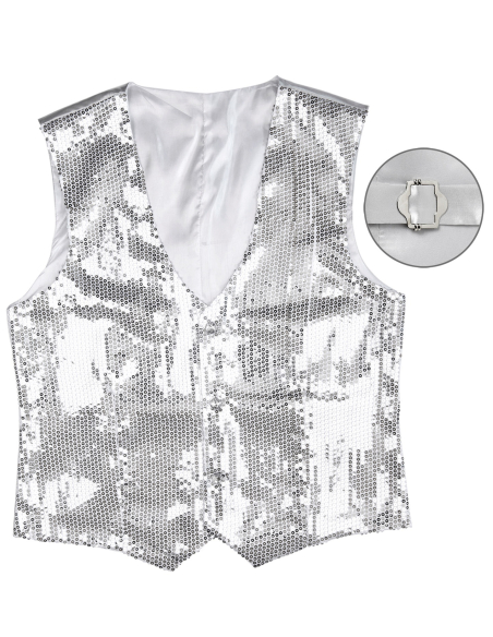 Gilet à paillettes argenté homme – Dos satiné réglable (M à XL)