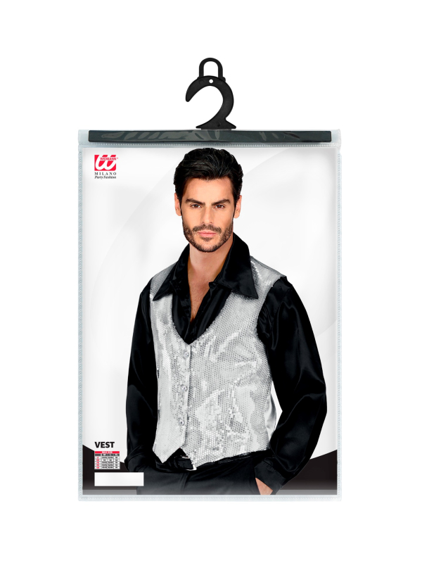 Gilet à paillettes argenté homme – Dos satiné réglable (M à XL)