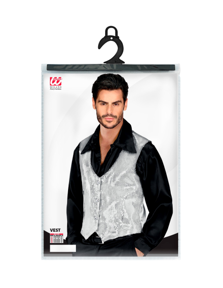 Gilet à paillettes argenté homme – Dos satiné réglable (M à XL)