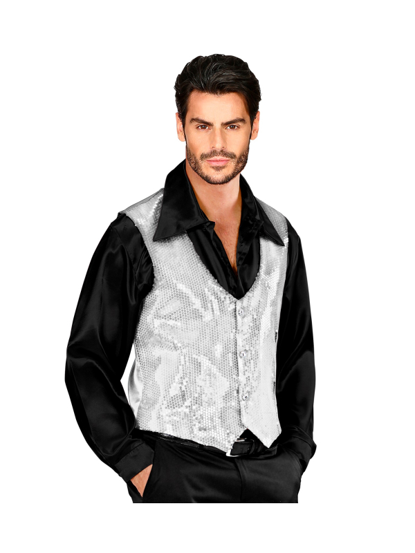 Gilet à paillettes argenté homme – Dos satiné réglable (M à XL)
