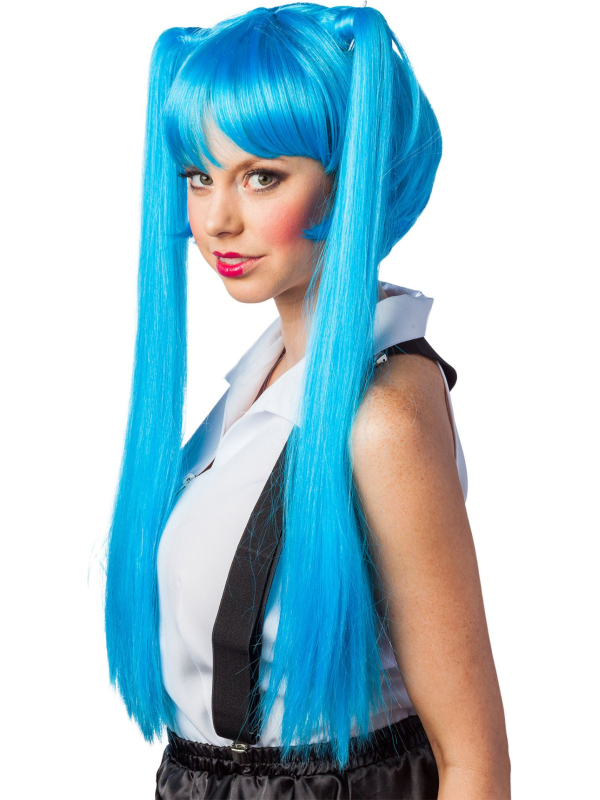 Perruque Hatsune Miku – Turquoise, longues doubles couettes & frange