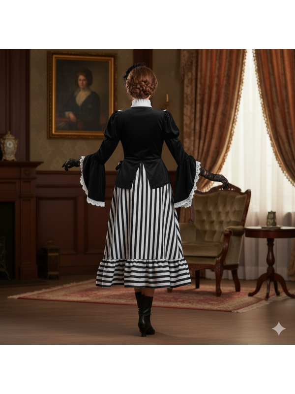 Costume Dame Victorienne – Robe Noire et Blanche à Rayures Style Charles Dickens