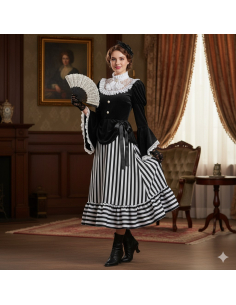 Costume Dame Victorienne – Robe Noire et Blanche à Rayures Style Charles Dickens