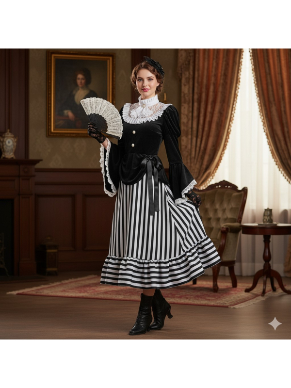 Costume Dame Victorienne – Robe Noire et Blanche à Rayures Style Charles Dickens
