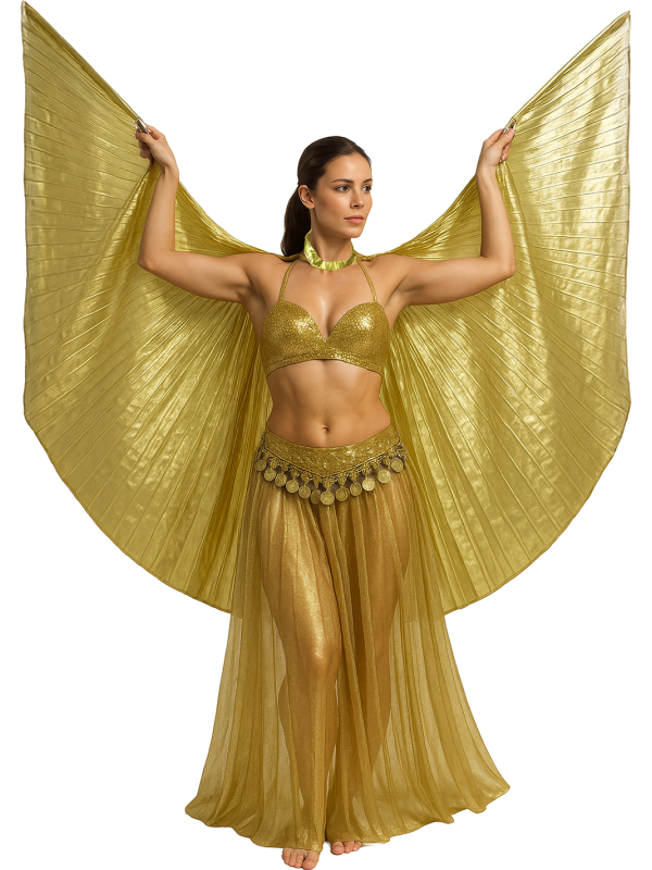 Cape plissée or 285 × 135 cm – Ailes d’Isis dorées pour danse, festival & spectacle