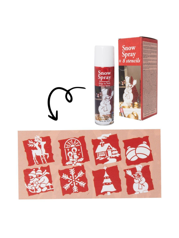 Bombe de neige artificielle 150 ml avec 8 pochoirs – Spray décoratif pour Noël et vitrines