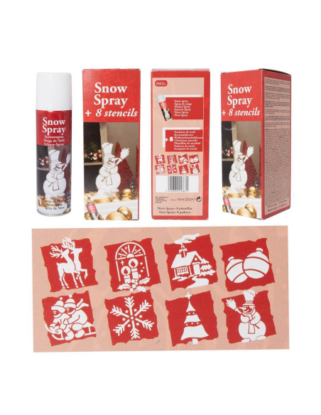 Bombe de neige artificielle 150 ml avec 8 pochoirs – Spray décoratif pour Noël et vitrines