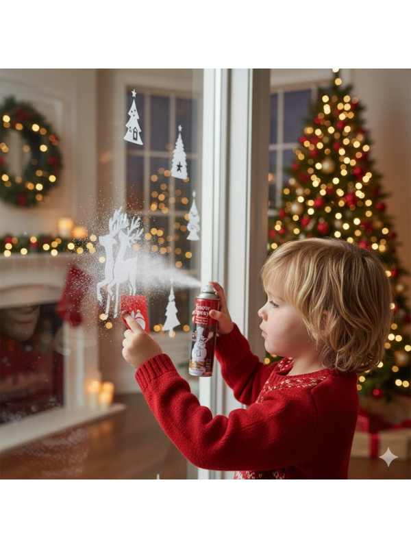 Bombe de neige artificielle 150 ml avec 8 pochoirs – Spray décoratif pour Noël et vitrines