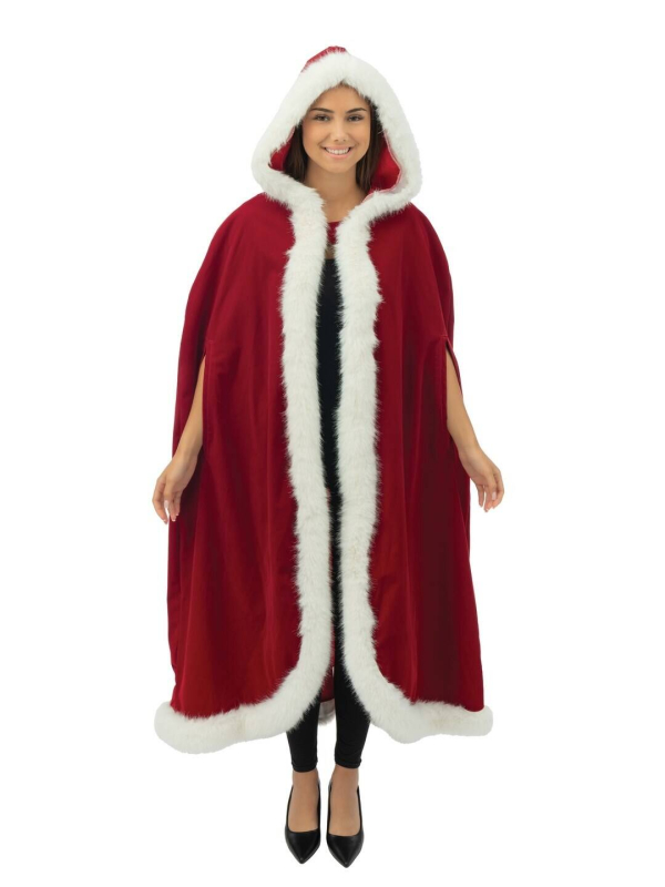 Cape Mère Noël longue à capuche – velours rouge, bordure blanche