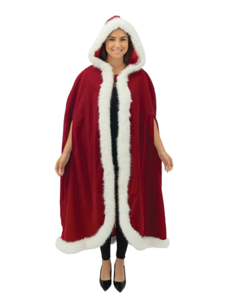 Cape Mère Noël longue à capuche – velours rouge, bordure blanche