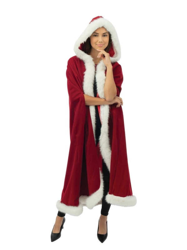 Cape Mère Noël longue à capuche – velours rouge, bordure blanche