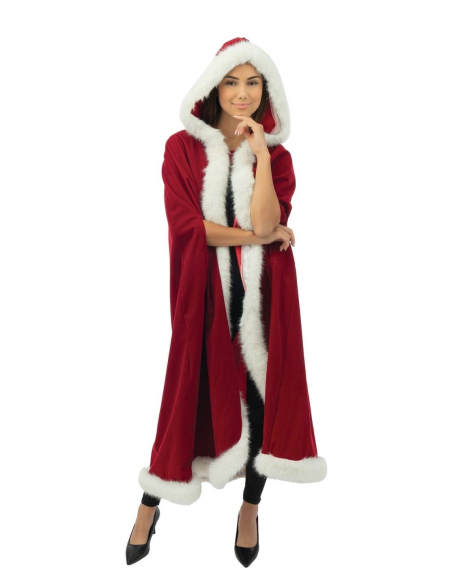 Cape Mère Noël longue à capuche – velours rouge, bordure blanche
