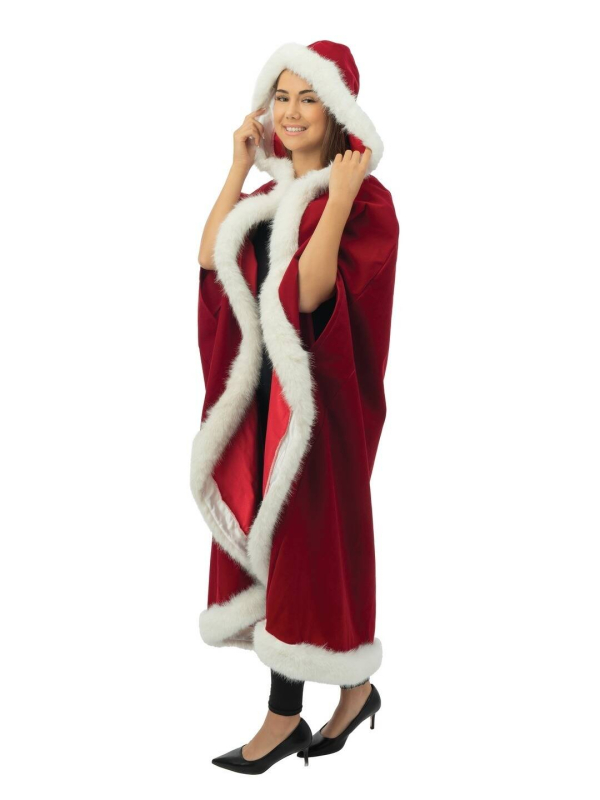 Cape Mère Noël longue à capuche – velours rouge, bordure blanche