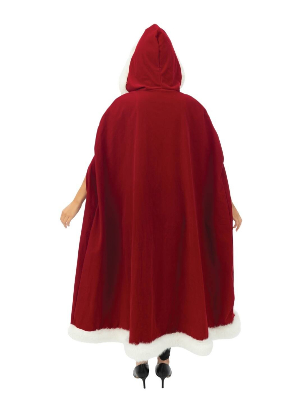 Cape Mère Noël longue à capuche – velours rouge, bordure blanche