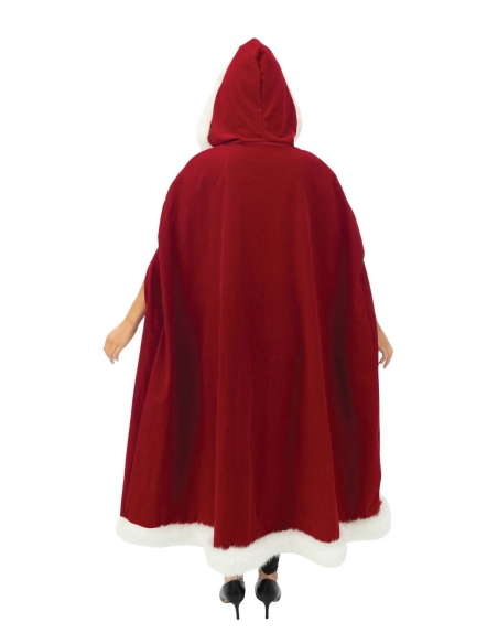 Cape Mère Noël longue à capuche – velours rouge, bordure blanche