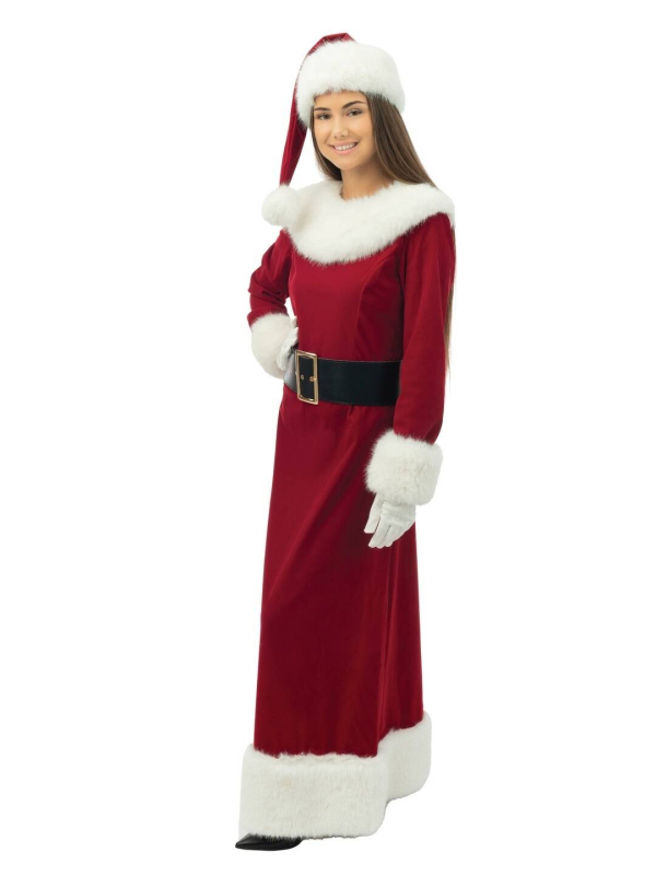 Robe Mère Noël Luxe – longue velours rouge, zip dos + bonnet, ceinture et gants (S/M à XXL)