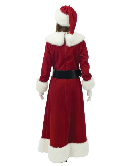 Robe Mère Noël Luxe – longue velours rouge, zip dos + bonnet, ceinture et gants (S/M à XXL)
