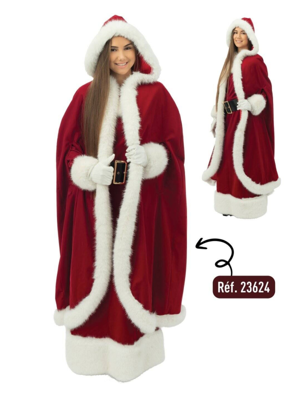 Robe Mère Noël Luxe – longue velours rouge, zip dos + bonnet, ceinture et gants (S/M à XXL)