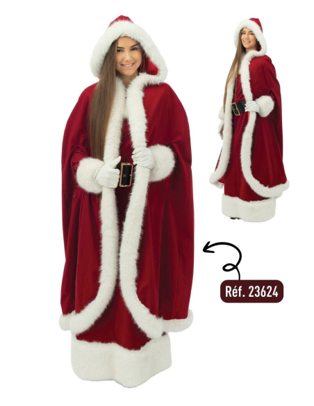 Robe Mère Noël Luxe – longue velours rouge, zip dos + bonnet, ceinture et gants (S/M à XXL)