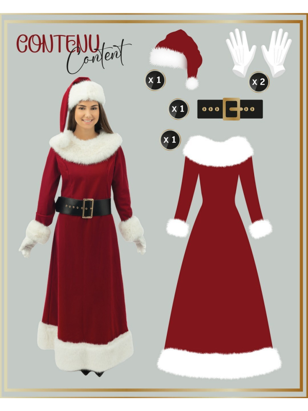 Robe Mère Noël Luxe – longue velours rouge, zip dos + bonnet, ceinture et gants (S/M à XXL)