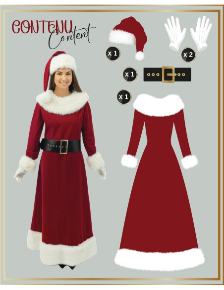 Robe Mère Noël Luxe – longue velours rouge, zip dos + bonnet, ceinture et gants (S/M à XXL)