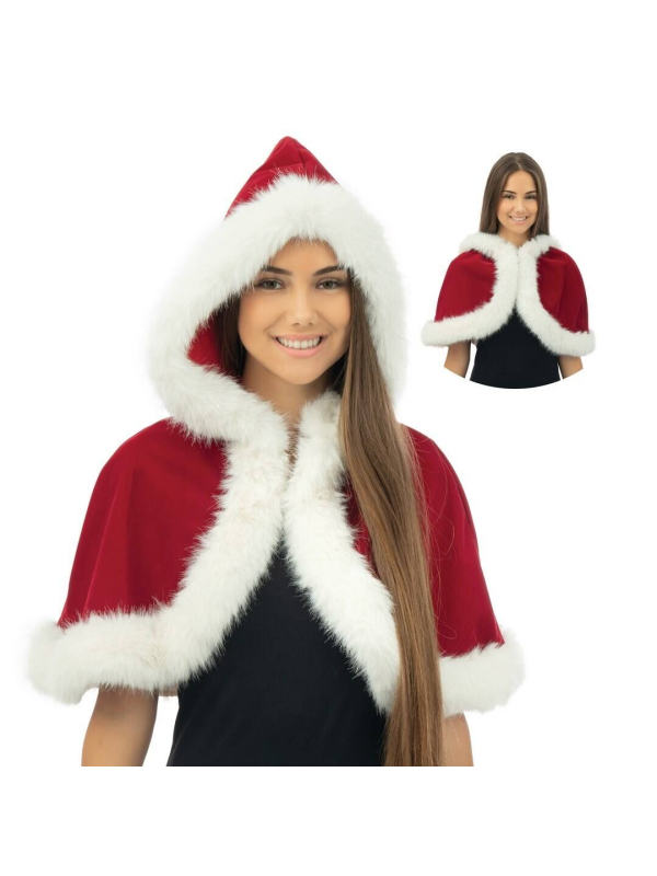 Capeline Mère Noël à capuche – velours rouge, bordure blanche (cape courte)
