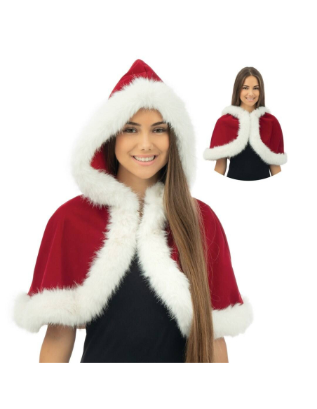 Capeline Mère Noël à capuche – velours rouge, bordure blanche (cape courte)