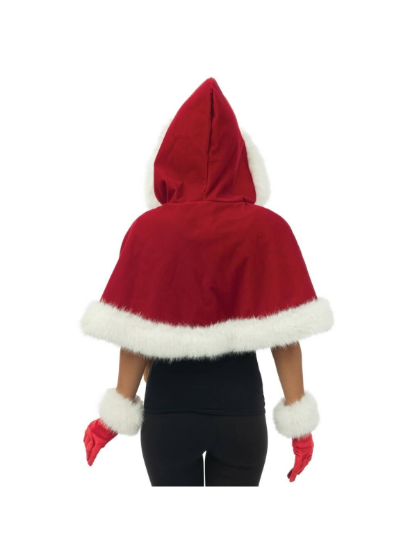 Capeline Mère Noël à capuche – velours rouge, bordure blanche (cape courte)