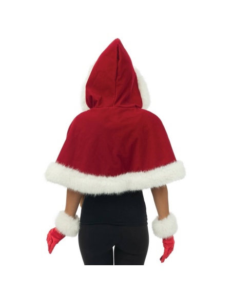 Capeline Mère Noël à capuche – velours rouge, bordure blanche (cape courte)