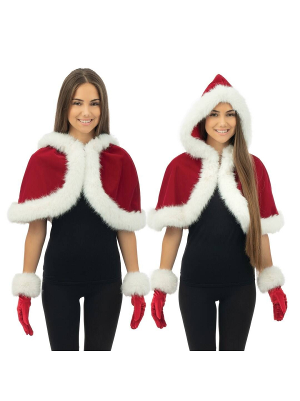 Capeline Mère Noël à capuche – velours rouge, bordure blanche (cape courte)
