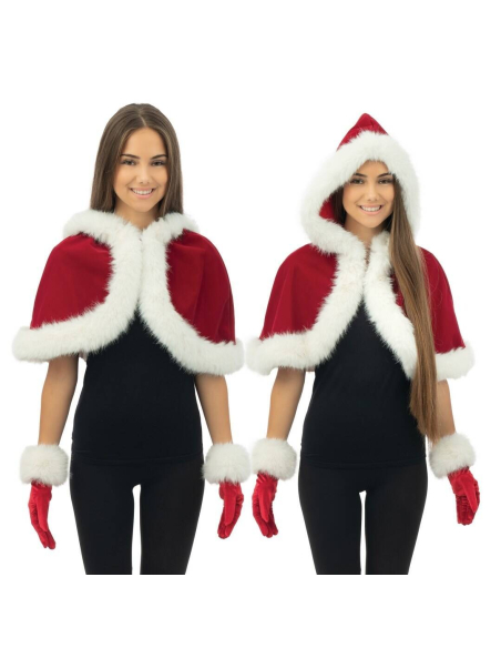 Capeline Mère Noël à capuche – velours rouge, bordure blanche (cape courte)