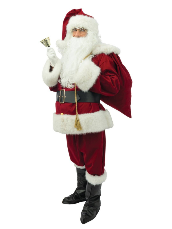 Costume Père Noël luxe – velours rouge & fausse fourrure avec perruque et barbe (S/M à XXL)