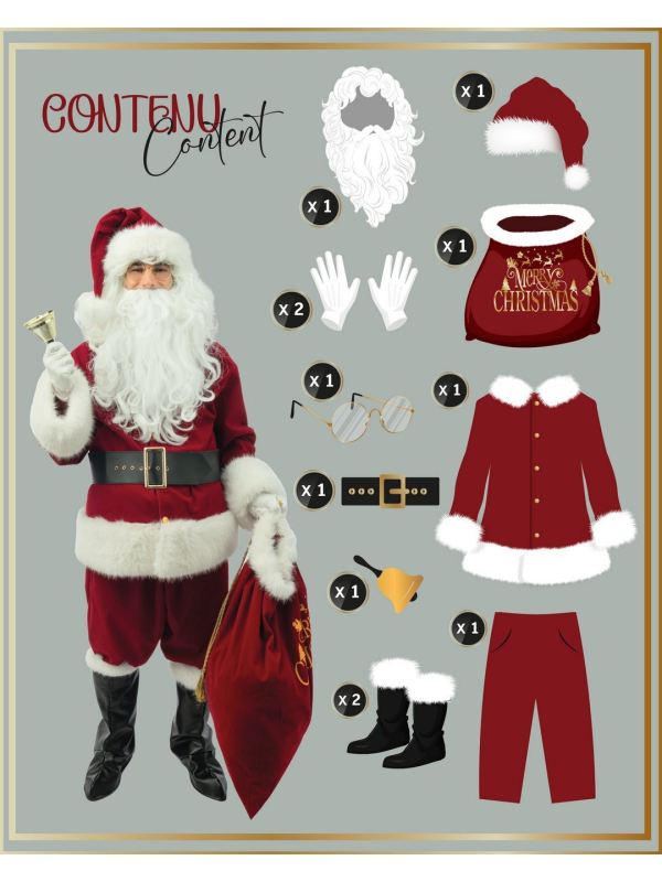 Costume Père Noël luxe – velours rouge & fausse fourrure avec perruque et barbe (S/M à XXL)