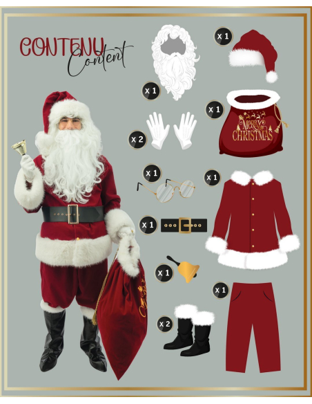 Costume Père Noël luxe – velours rouge & fausse fourrure avec perruque et barbe (S/M à XXL)