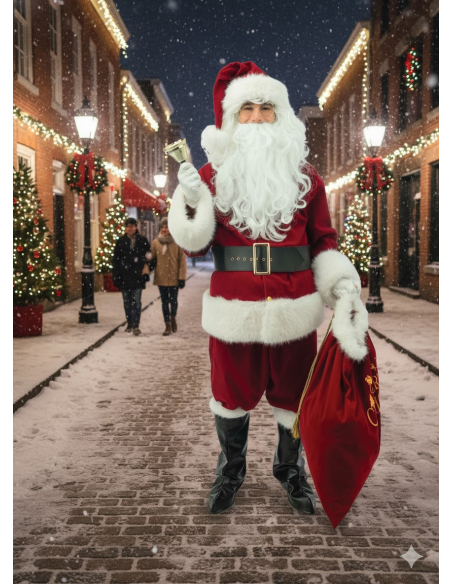 Costume Père Noël luxe – velours rouge & fausse fourrure avec perruque et barbe (S/M à XXL)