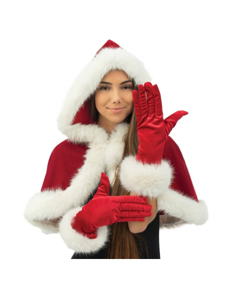 Gants Mère Noël luxe – velours rouge, bordure fourrure blanche