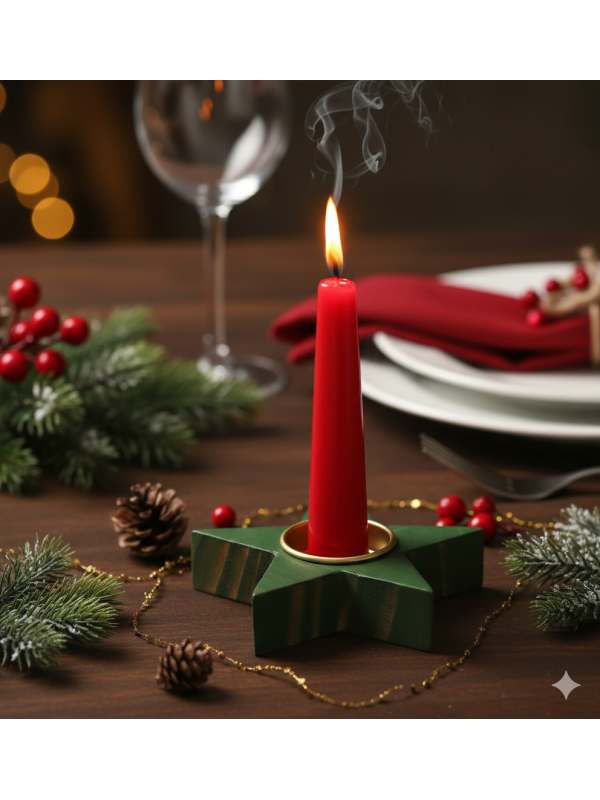 Bougeoir étoile en bois vernis vert brillant 12×2 cm – déco de table Noël chic