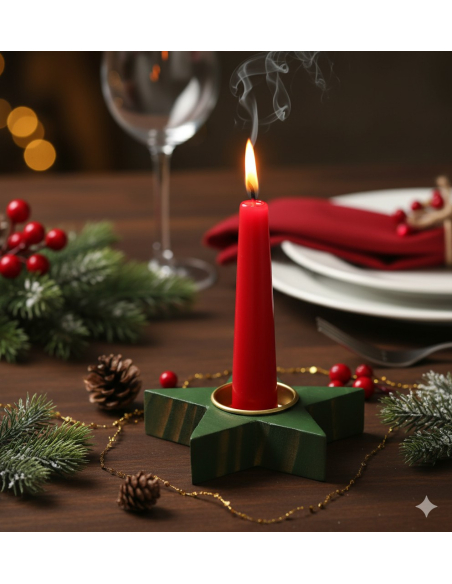 Bougeoir étoile en bois vernis vert brillant 12×2 cm – déco de table Noël chic