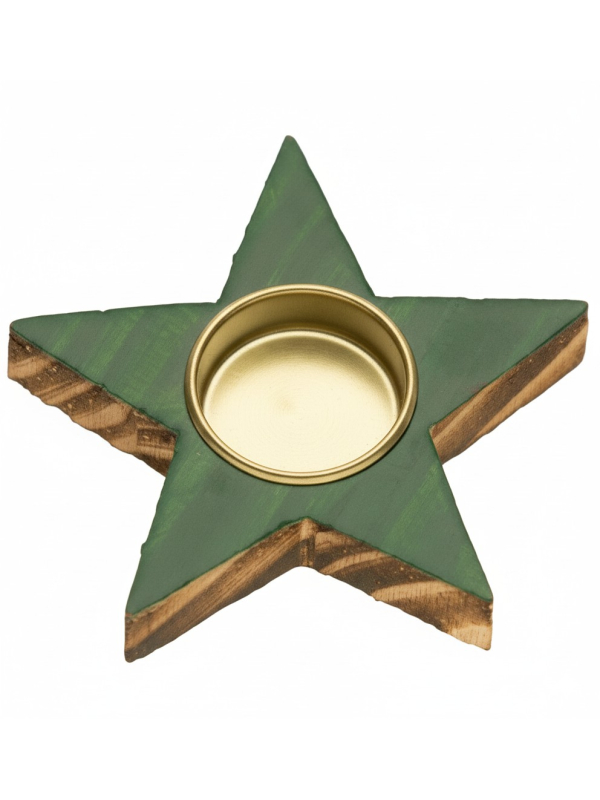 Bougeoir étoile en bois vernis vert brillant 12×2 cm – déco de table Noël chic