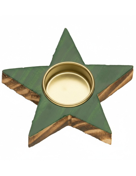 Bougeoir étoile en bois vernis vert brillant 12×2 cm – déco de table Noël chic